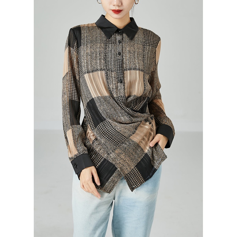 Beautiful Khaki Asymmetrical Design Plaid Chiffon Shirts Spring