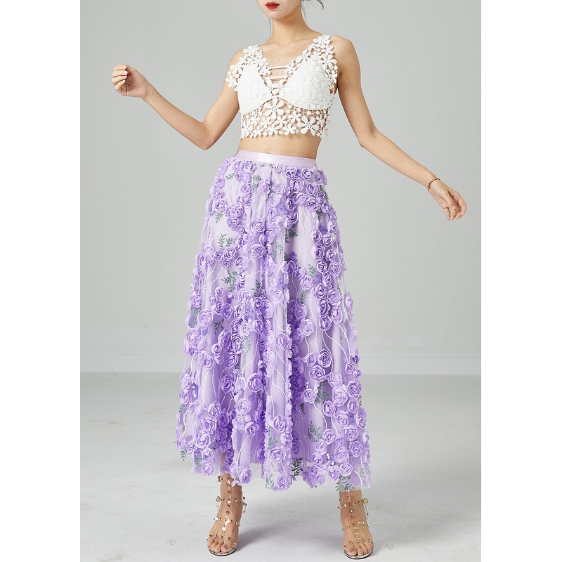 Beautiful Light Purple Embroideried Floral Tulle Skirts Summer