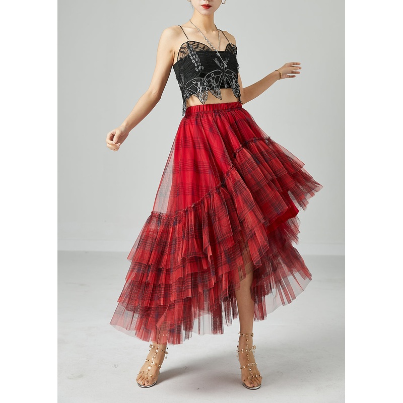 Beautiful Mulberry Asymmetrical Patchwork Wrinkled Tulle Skirt Summer