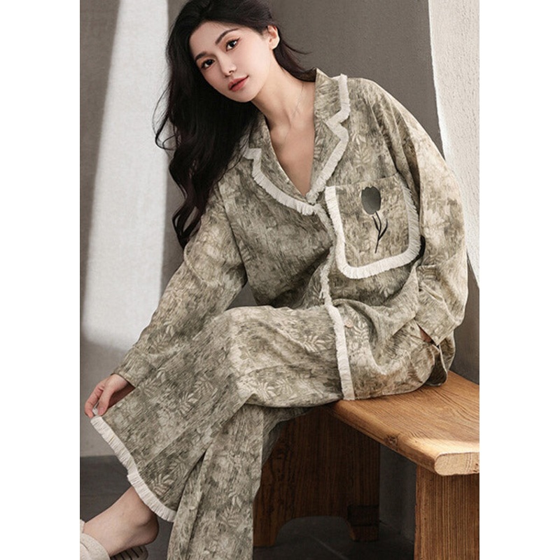 Beautiful Olive Green Print Patchwork Button Ice Silk Pajamas Two Pieces Set Long Sleeve