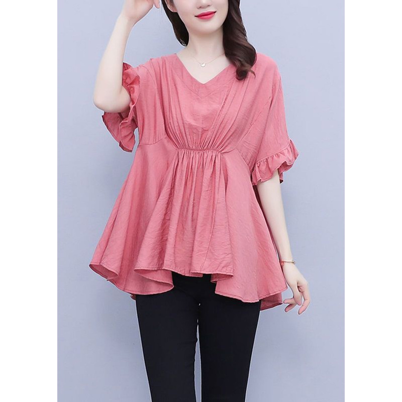 Beautiful Pink V Neck Wrinkled Slim Fit Chiffon Blouses Summer