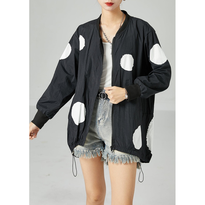 Black Dot Print Silk Jacket Stand Collar Drawstring Spring
