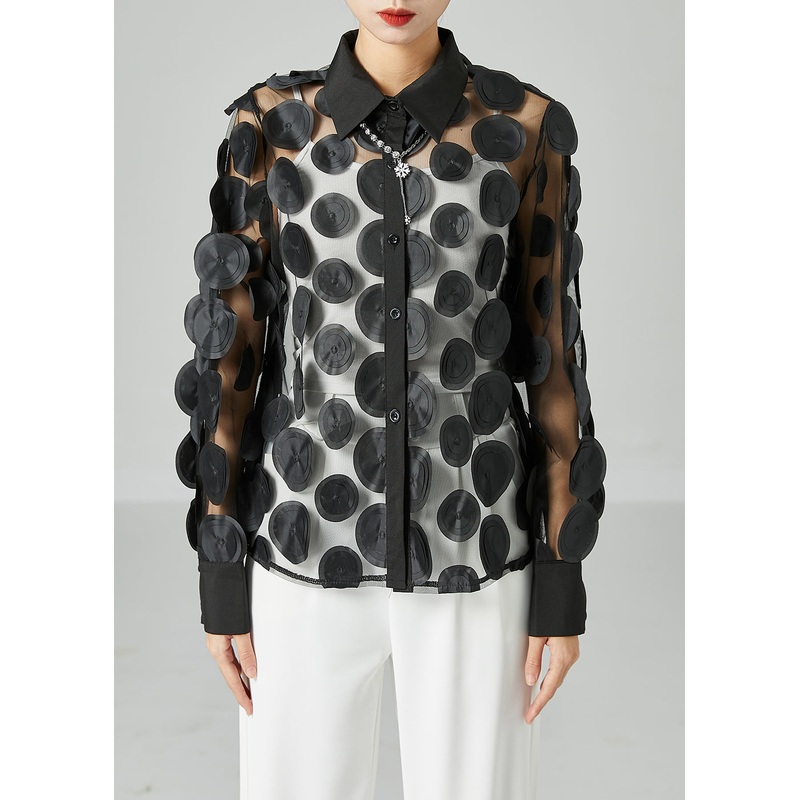 Black Hollow Out Tulle Blouse Tops Peter Pan Collar Summer