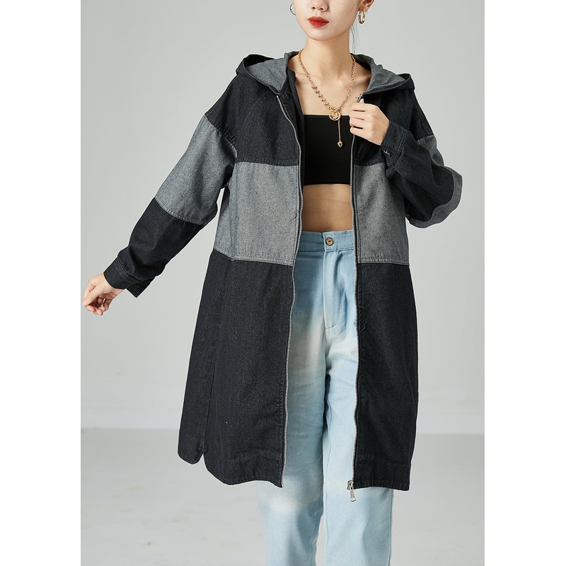 Black Patchwork Cotton Denim Trench Coat Hooded Oversized Spring