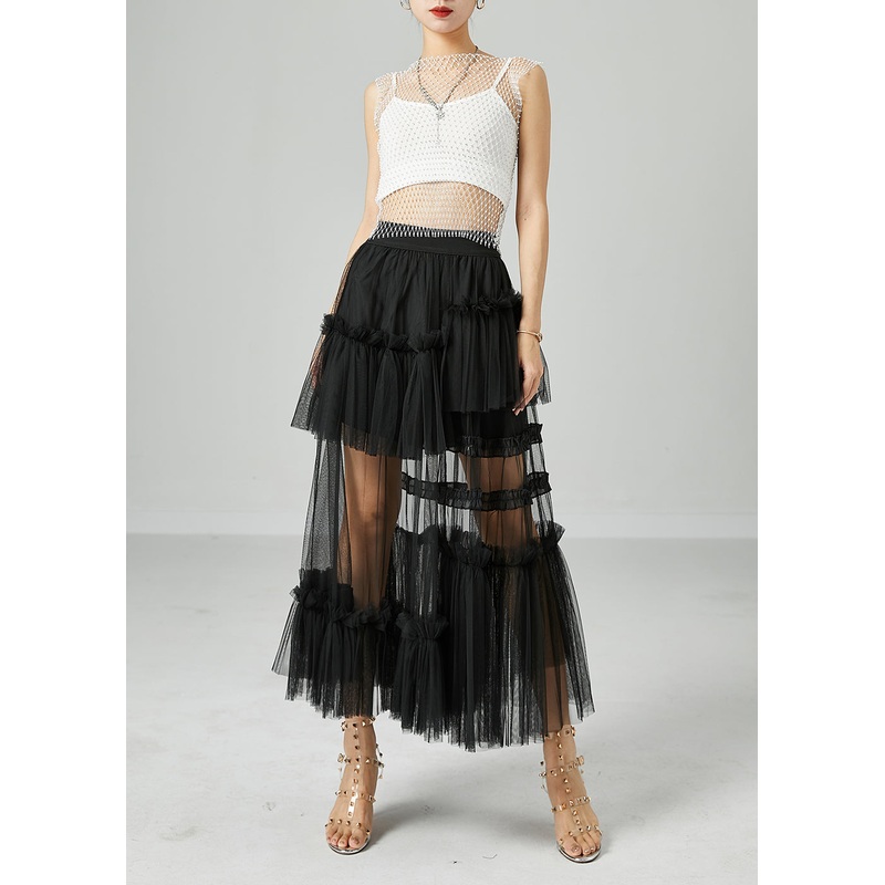 Black Patchwork Tulle A Line Skirts Wrinkled Exra Large Hem Summer
