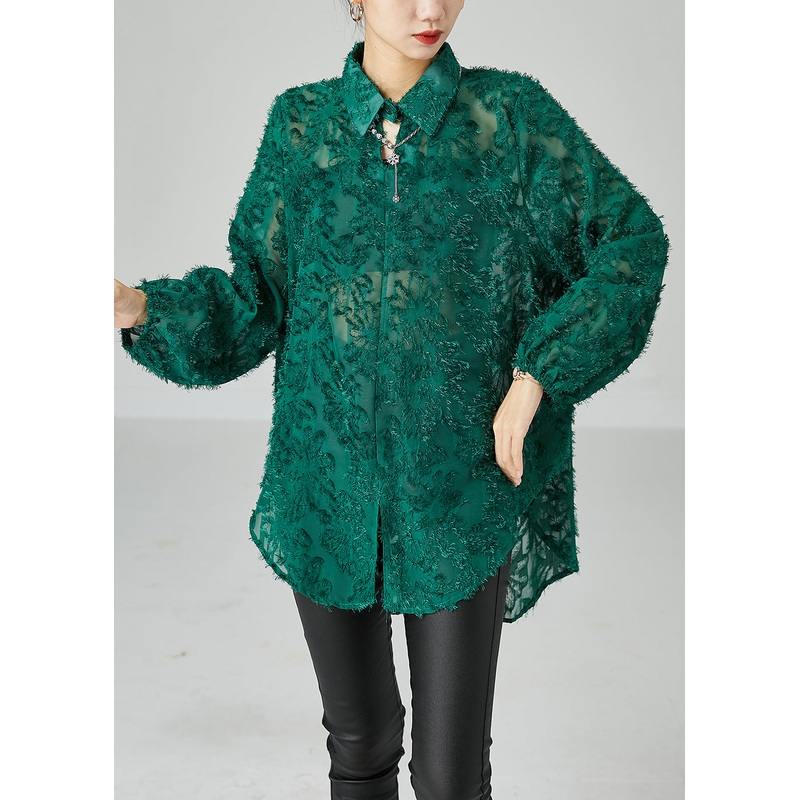 Blackish Green Loose Lace UPF 50+ Shirt Tops Fluffy Summer