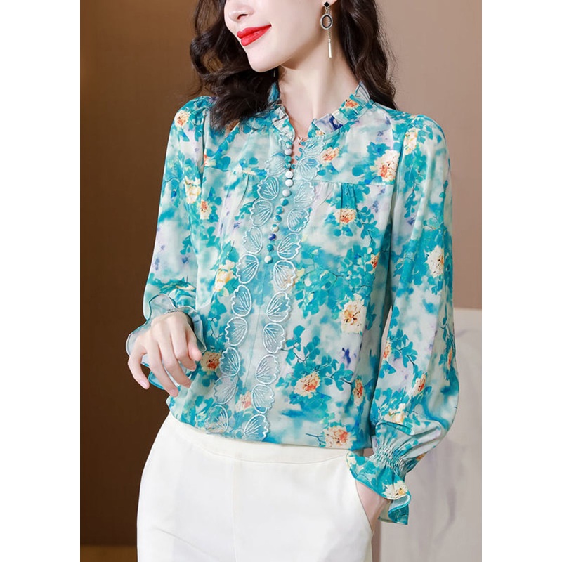 Blue Print Chiffon Shirt Top V Neck Nail Bead Spring