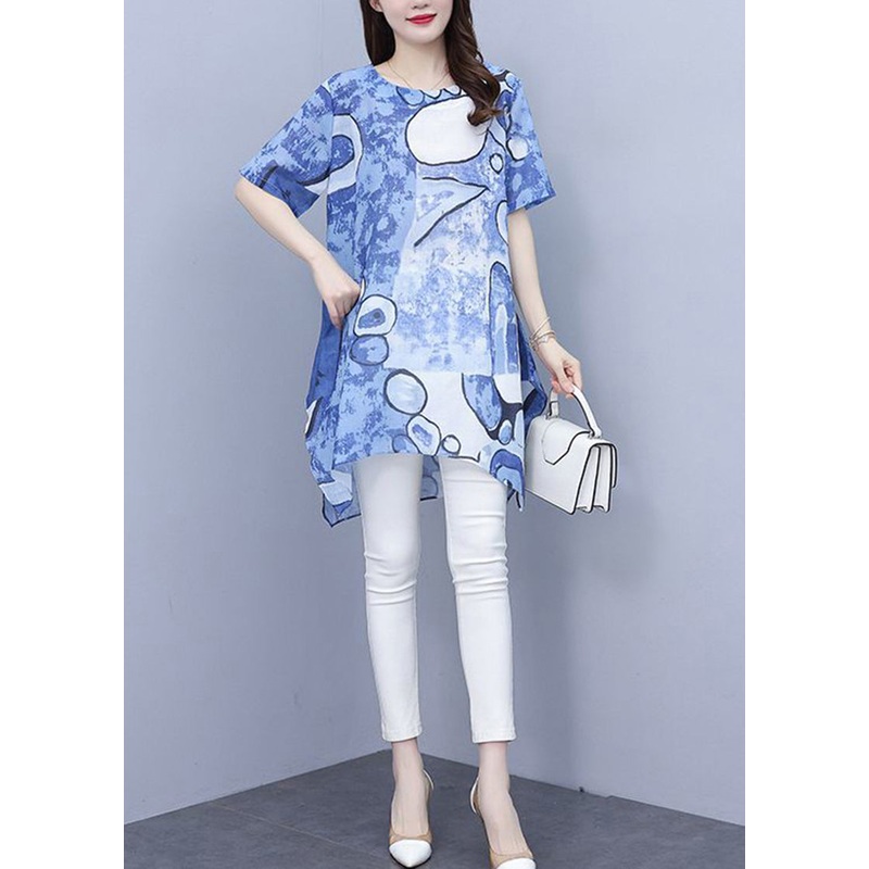 Blue Print Cotton Long Tops O-Neck Side Open Summer