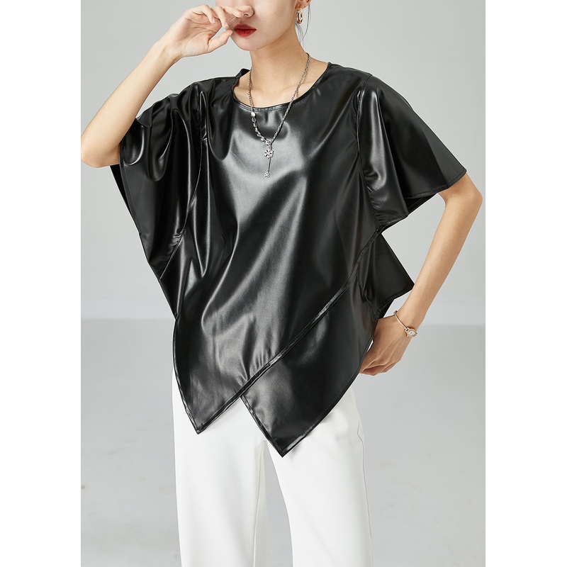 Bohemian Black Asymmetrical Patchwork Leather Tanks Short Sleeve
