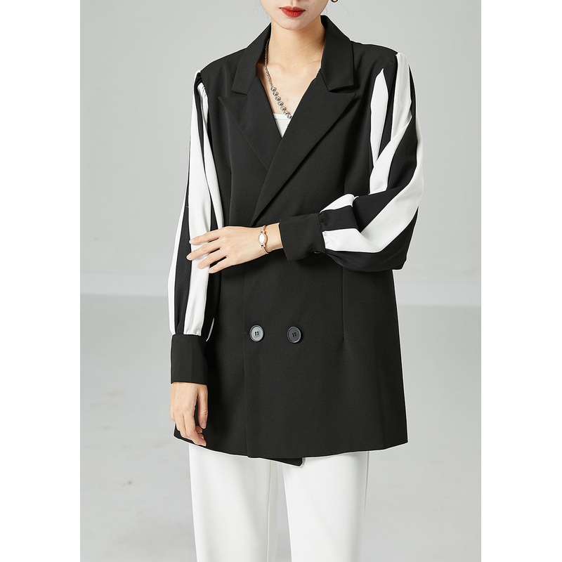 Bohemian Black Notched Patchwork Double Breast Spandex Coats Spring