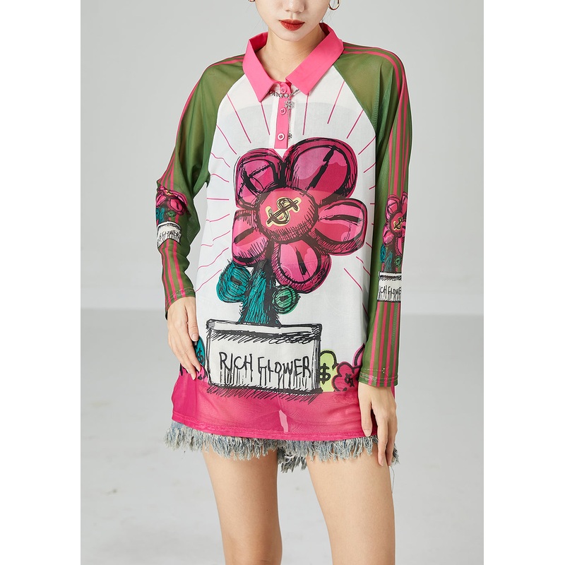 Bohemian Colorblock Peter Pan Collar Print Tulle UPF 50+ Top Summer