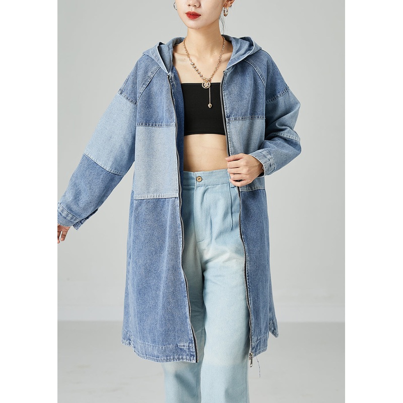 Bohemian Light Blue Oversized Patchwork Cotton Denim Coat Spring