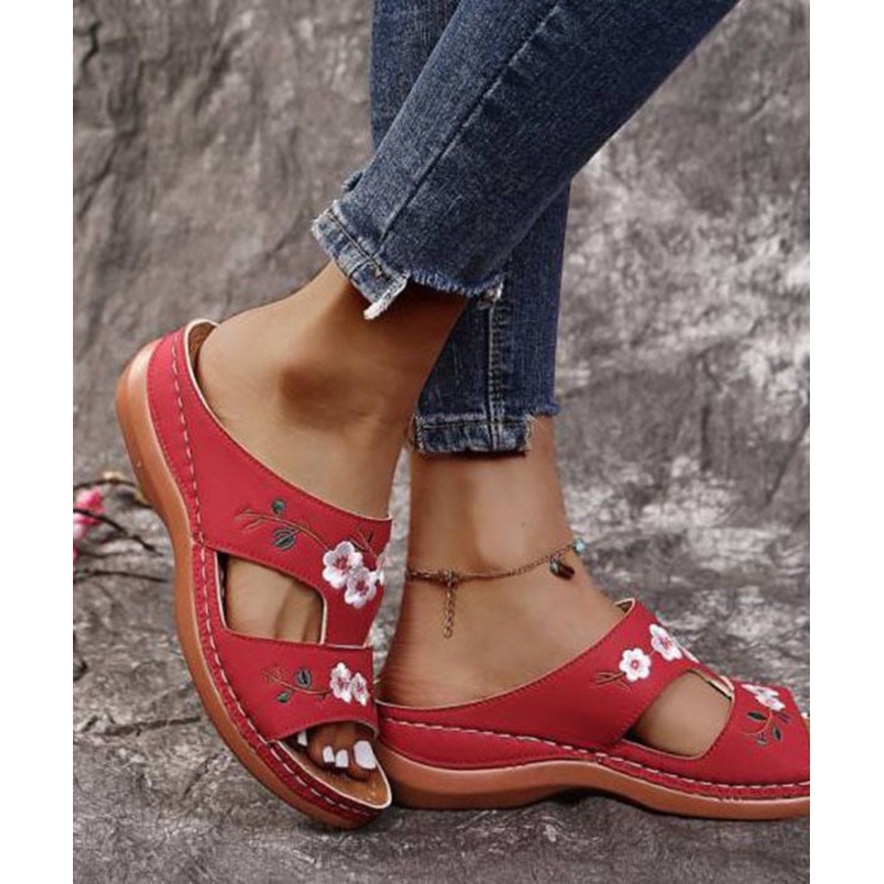 Bohemian Red Embroidered Faux Leather Splicing Wedge Slide Sandals