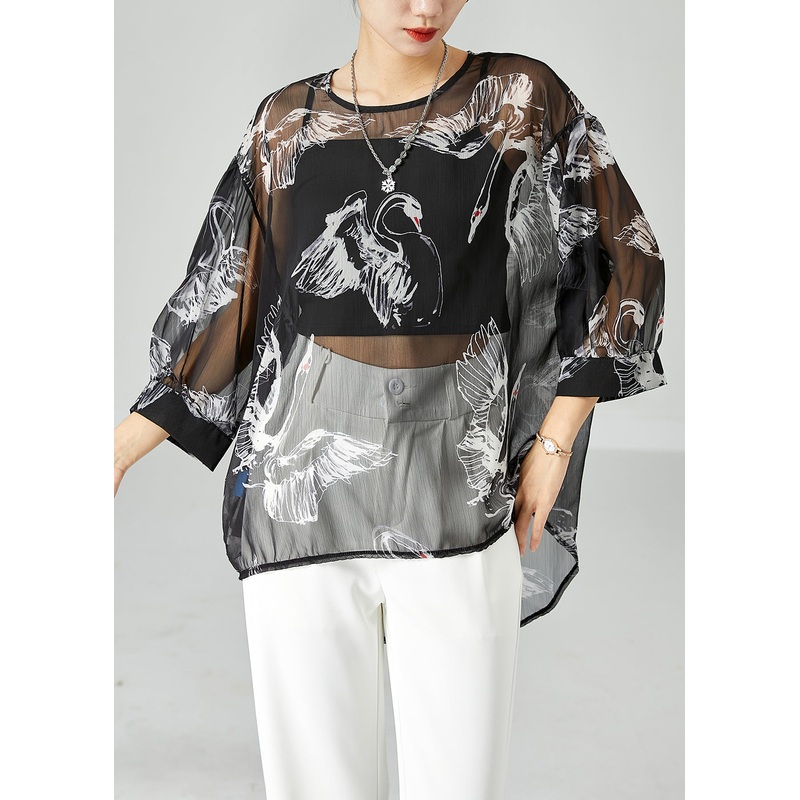 Boho Black Oversized Print Tulle UPF 50+ Tops Bracelet Sleeve