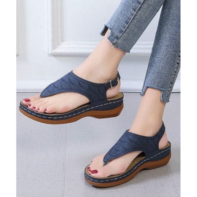 Boho Faux Leather Peep Toe Buckle Strap Splicing Blue Platform Sandals