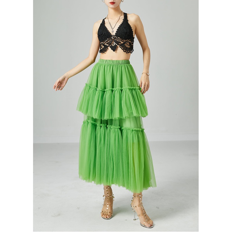 Boho Green Elastic Waist Patchwork Wrinkled Tulle Skirts Summer
