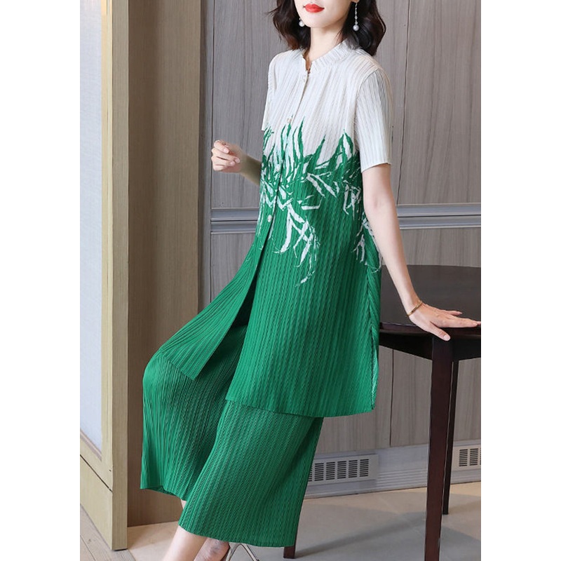 Boho Green Print Wrinkled Two Piece Set Women Clothing Summer