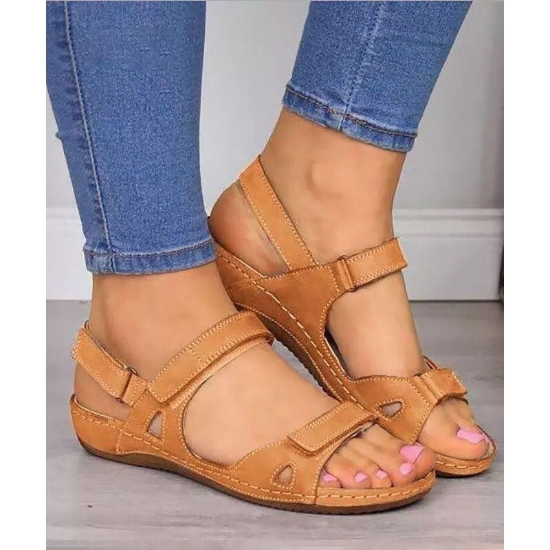 Boho Splicing Peep Toe Wedge Sandals Brown Faux Leather
