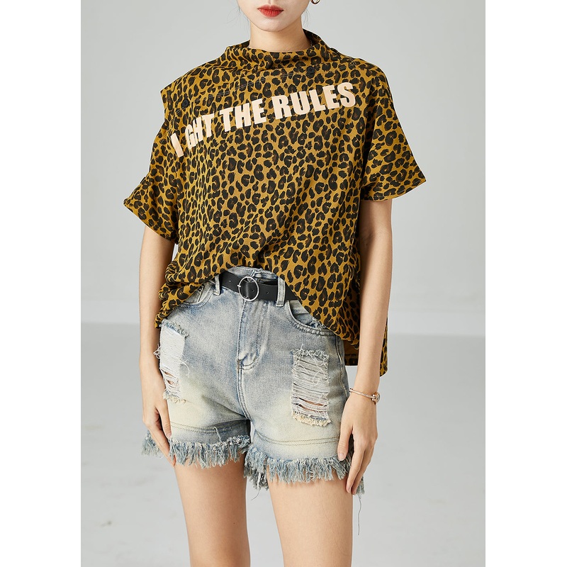 Boho Yellow Cold Shoulder Leopard Print Cotton Tops Summer