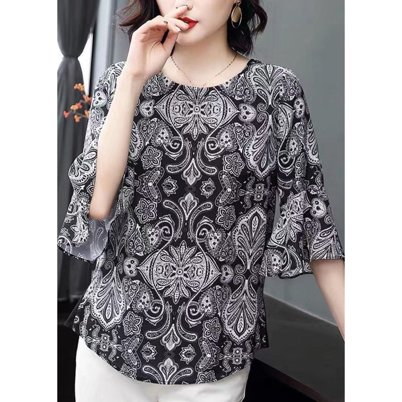 Boutique Black O-Neck Print Chiffon Shirt Tops Flare Sleeve