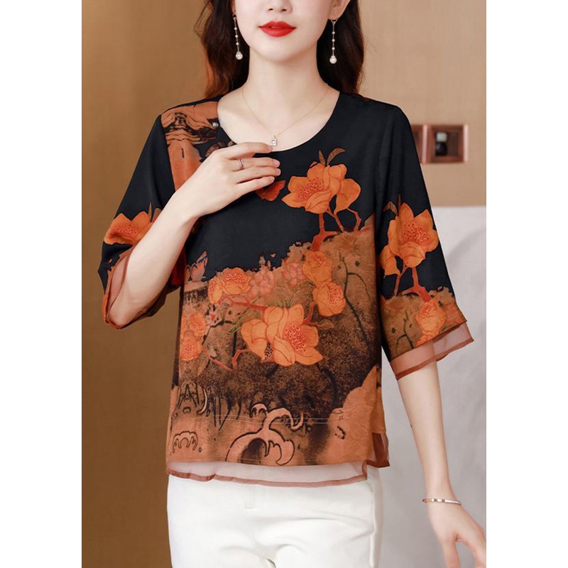 Boutique Black Oversized Print Silk Blouse Tops Half Sleeve