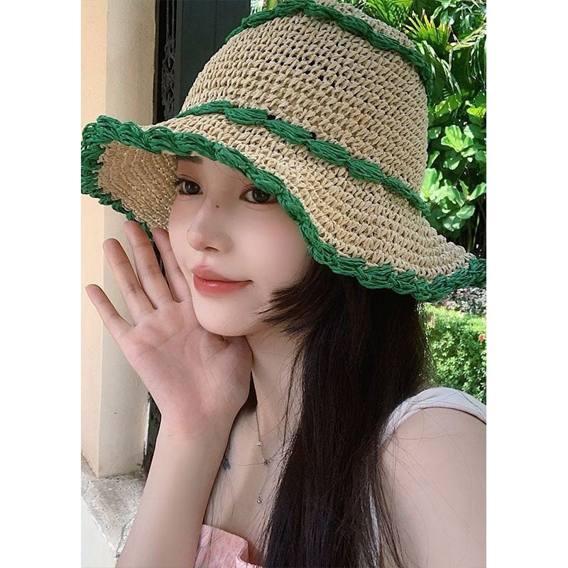 Boutique Green Hollow Out Holiday Straw Woven Bucket Hat