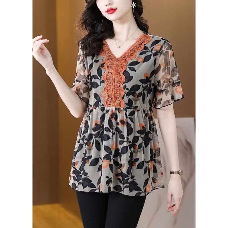 Casual Black V Neck Patchwork Print Chiffon Top Summer