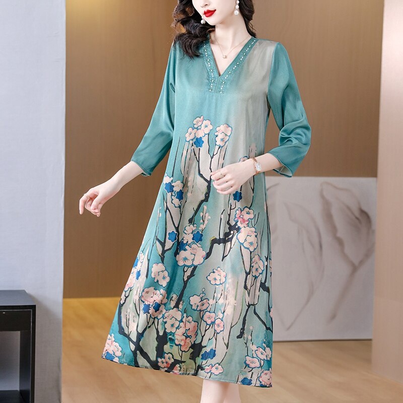 Casual Blue Silk Satin V-Neck Midi Dress Short Sleeve