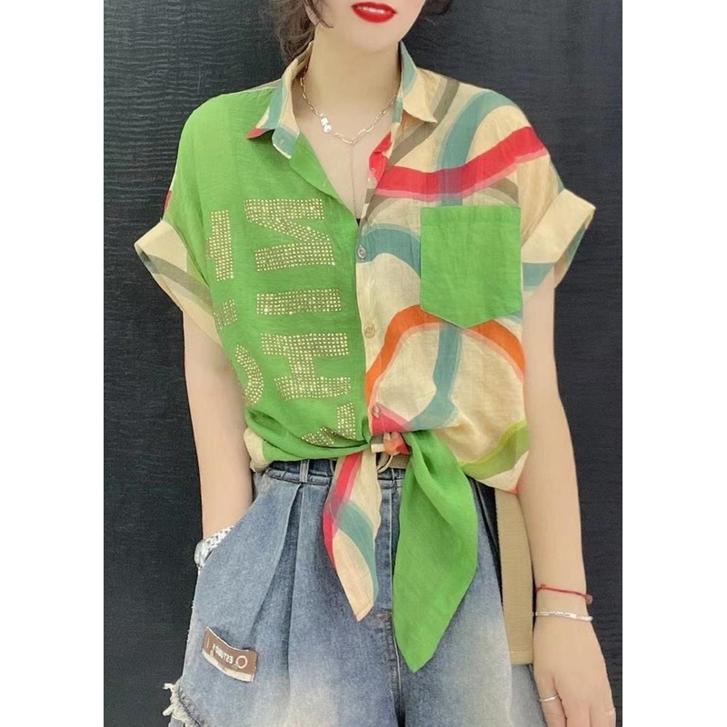 Casual Green Oversized Letter Zircon Print Cotton Shirts Summer
