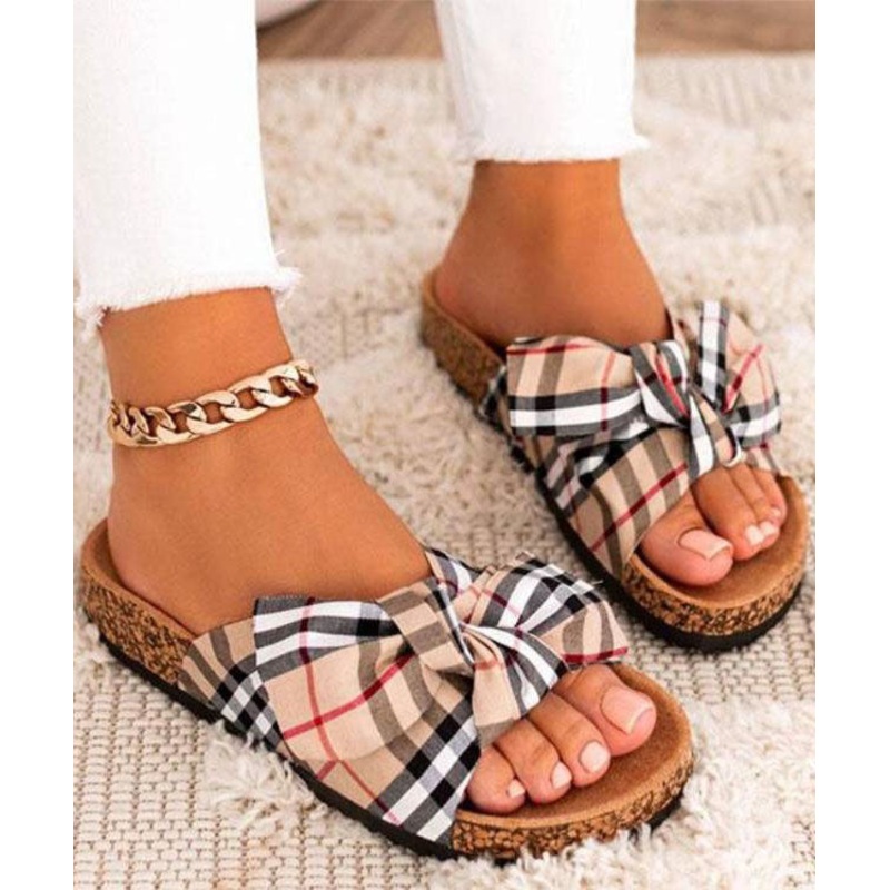 Casual Khaki Beach Slide Sandals Splicing Bow Canvas