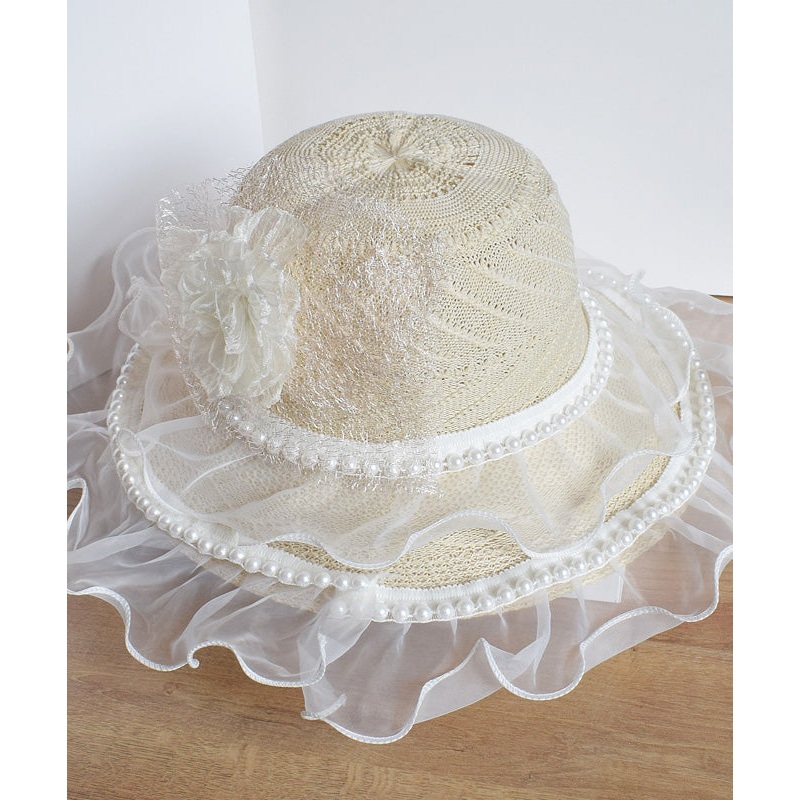 Chic Beige Lace Patchwork Pearl Floral Tulle Floppy Sun Hat