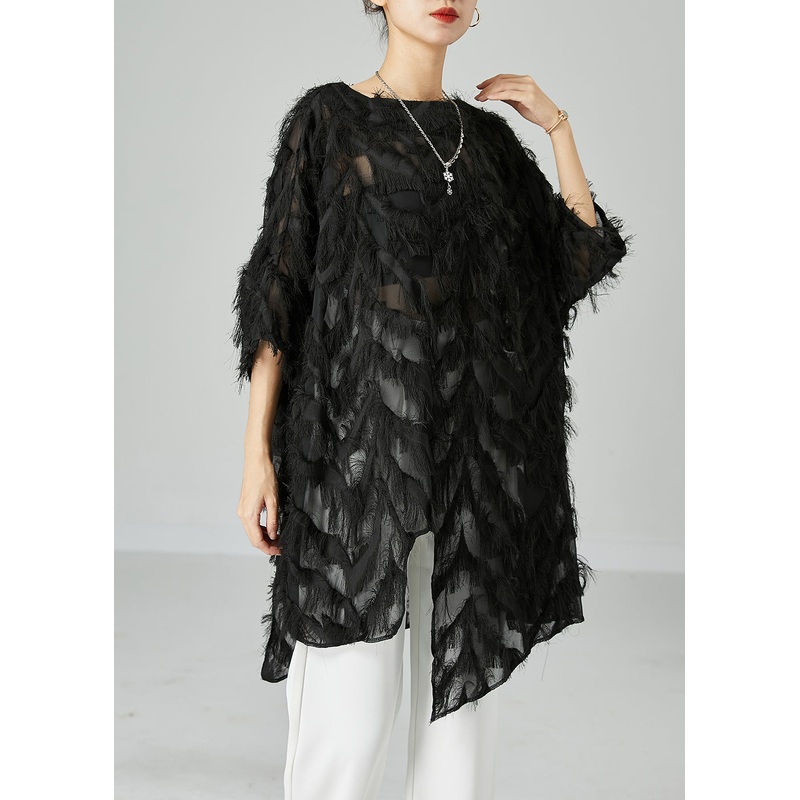 Chic Black Asymmetrical Oversized Fluffy Tulle Long Tops Bracelet Sleeve