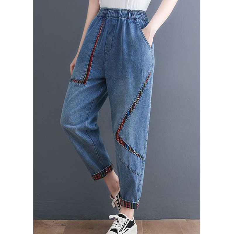 Chic Blue Pockets Patchwork Denim Harem Pants Summer