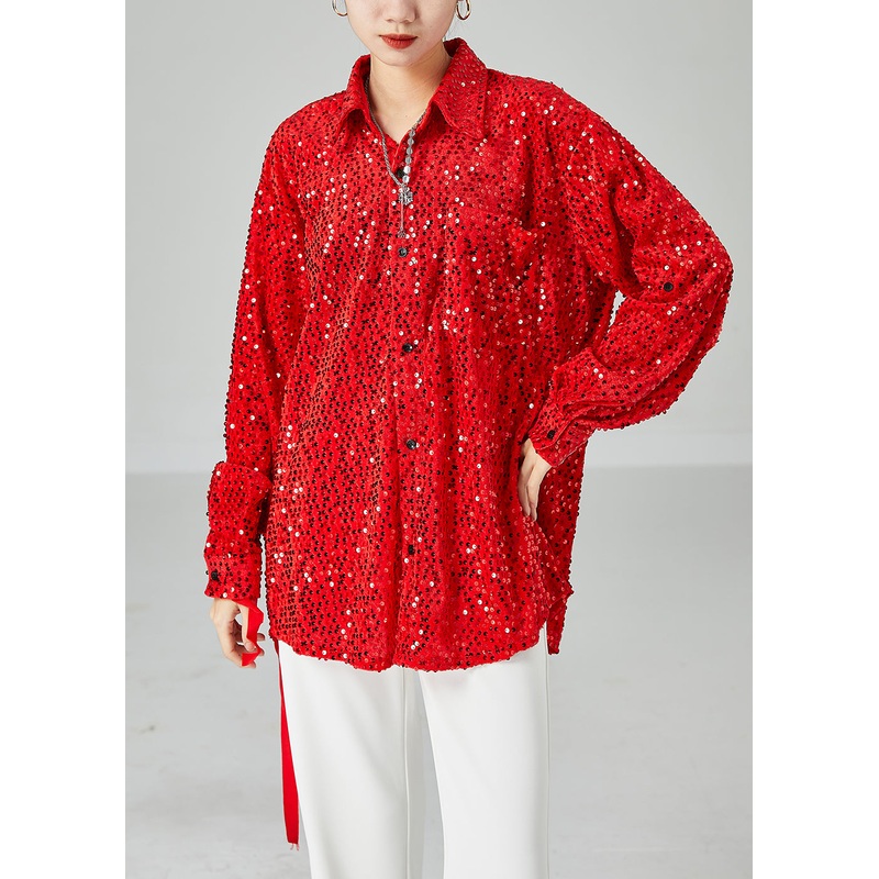 Chic Red Oversized Sequins Silk Velour Shirt Tops Spring