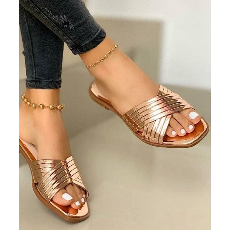 Chic Rose Gold Splicing Faux Leather Plus Size Slide Sandals
