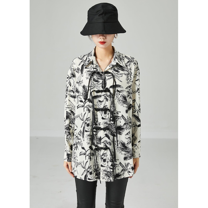 Chic White Print Chinese Button Tassel Chiffon Shirt Top Spring