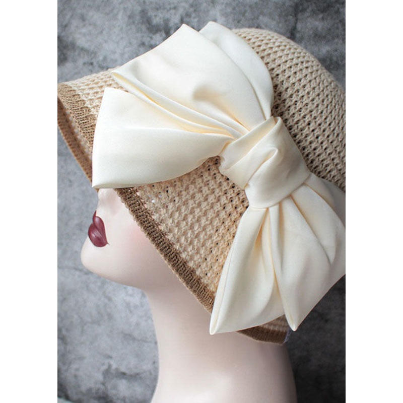 Classy Beige Silk Bow Straw Woven Bucket Hat