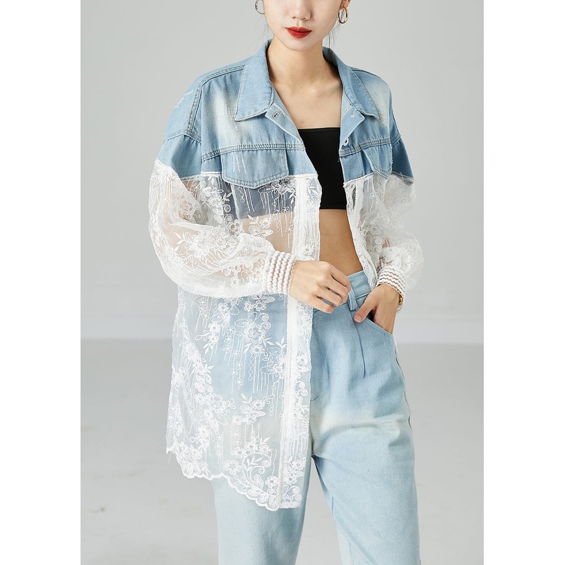 Classy Colorblock Embroideried Patchwork Hollow Out Denim Coat Outwear Summer