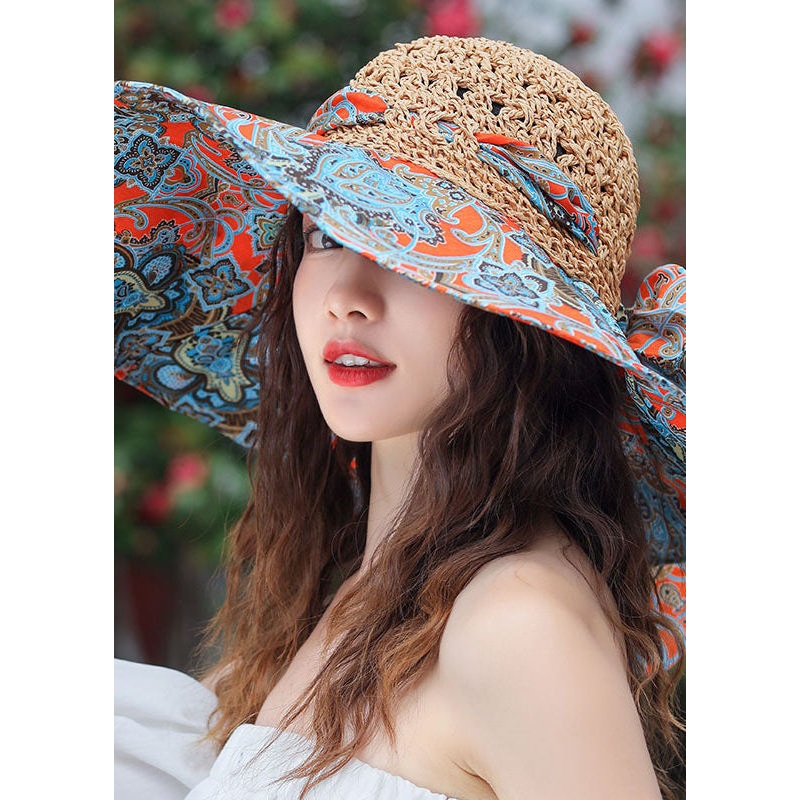 Classy Khaki Bow Print Patchwork Straw Woven Floppy Sun Hat