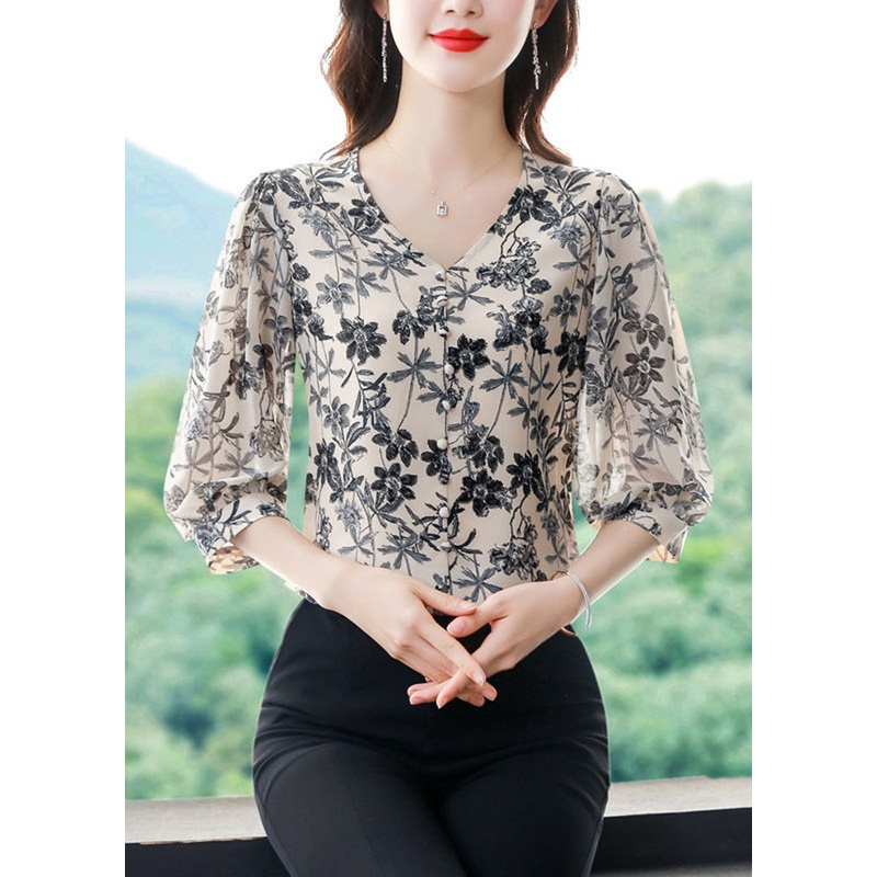 Diy Apricot V Neck Print Chiffon Blouse Top Half Sleeve