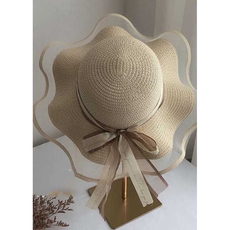 DIY Beige Bow Straw Woven Beach Holiday Floppy Sun Hat