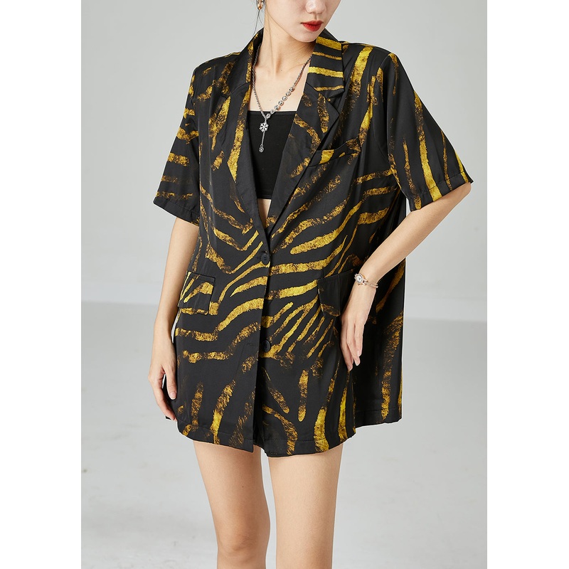 DIY Black Notched Oversized Print Cotton Coat Short Sleeve