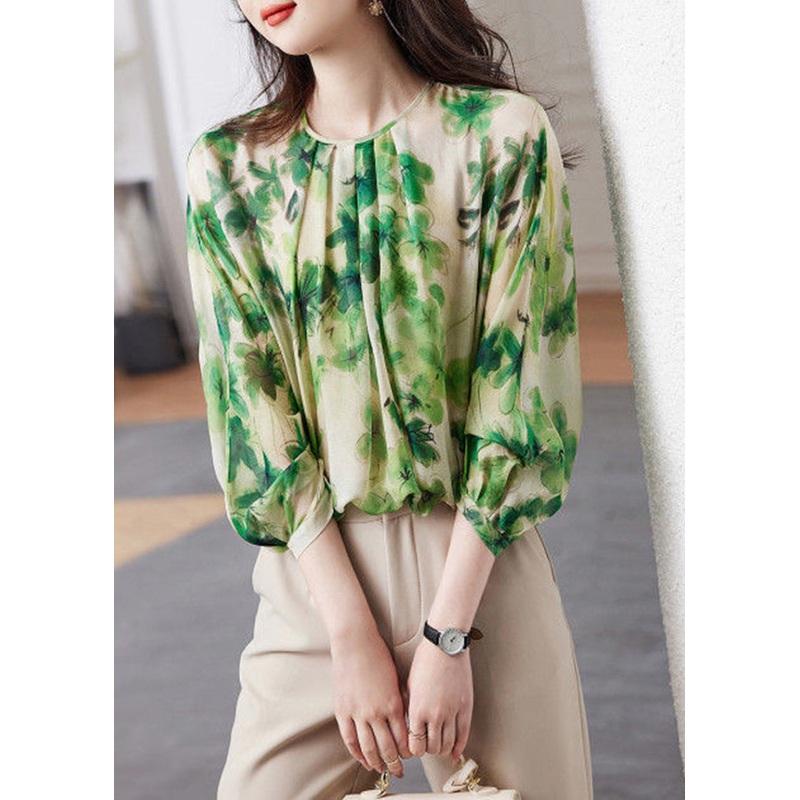 DIY Green O-Neck Oversized Print Chiffon Shirt Tops Spring