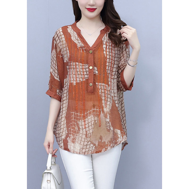 DIY Orange V Neck Oversized Plaid Cotton Shirt Top Summer