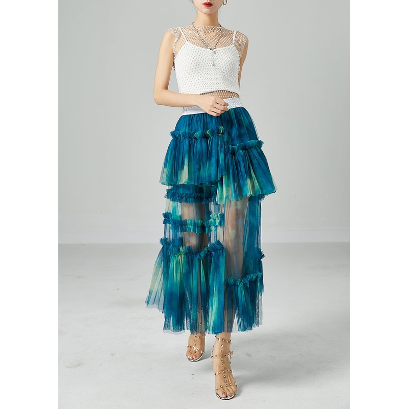 Diy Peacock Blue Asymmetrical Tie Dye Wrinkled Tulle Skirt Summer