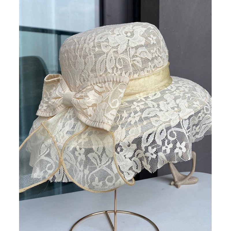 Elegant Beige Lace Patchwork Bow Hollow Out Floppy Sun Hat
