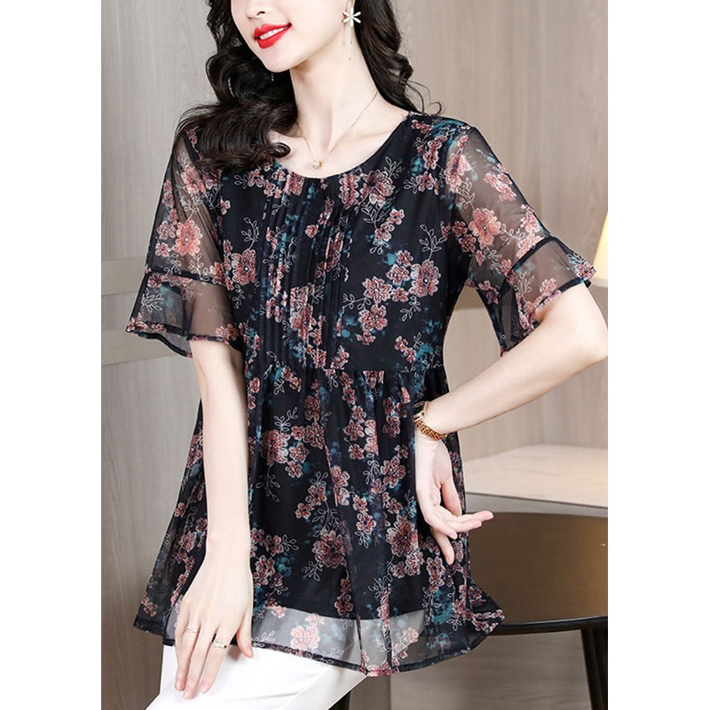 Elegant Black Print Patchwork Wrinkled Chiffon Shirt Tops Summer