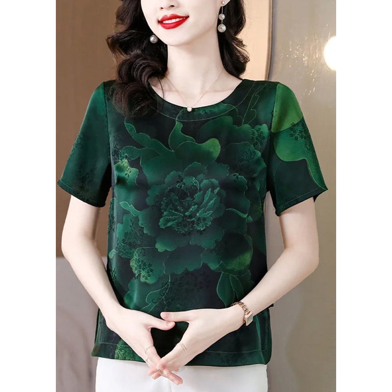 Elegant Blackish Green O-Neck Print Side Open Silk Shirt Top Summer