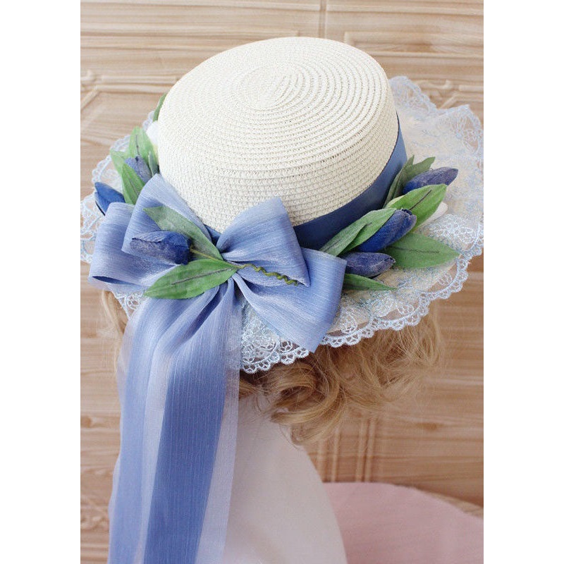 Elegant Pink Bow Lace Patchwork Straw Woven Cloche Hat