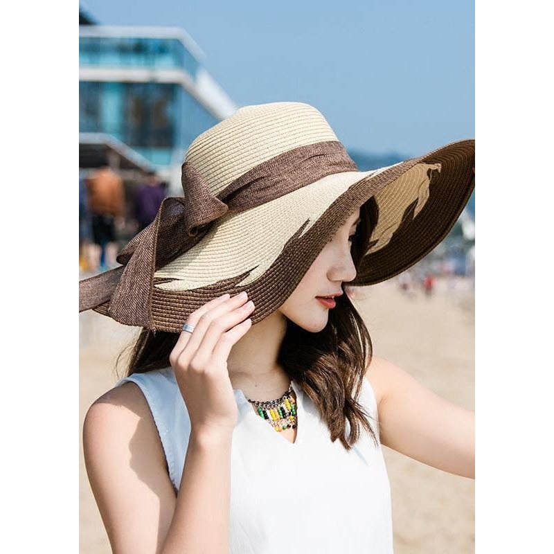 Fashion Coffee Bow Patchwork Straw Woven Beach Floppy Sun Hat